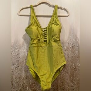NWOT Catherine Malandrino Lace Up Detail One Piece Swimsuit (Lime Green) Size S